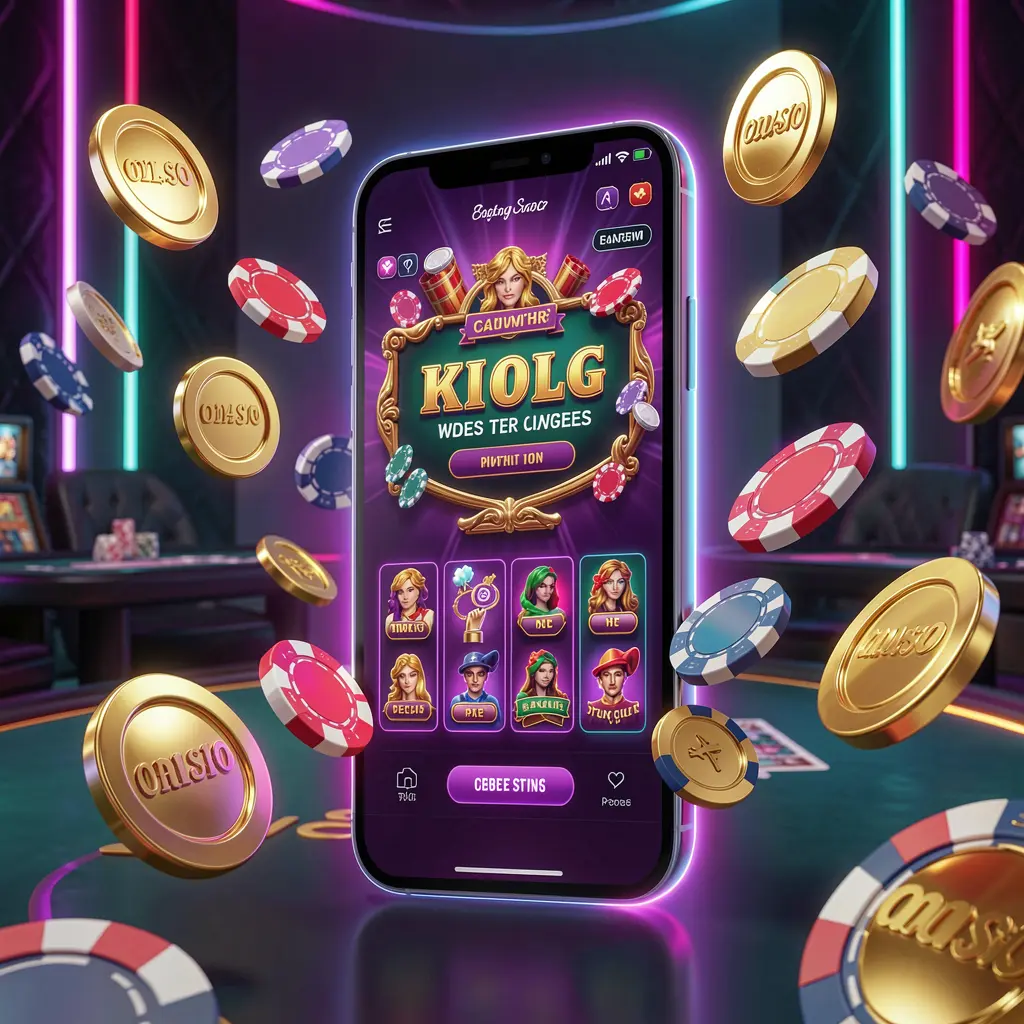 JYJILE online casino mobile app hero banner showing a modern smartphone with glowing casino interface, golden coins and poker chips flying around against a dark luxury background with neon accents