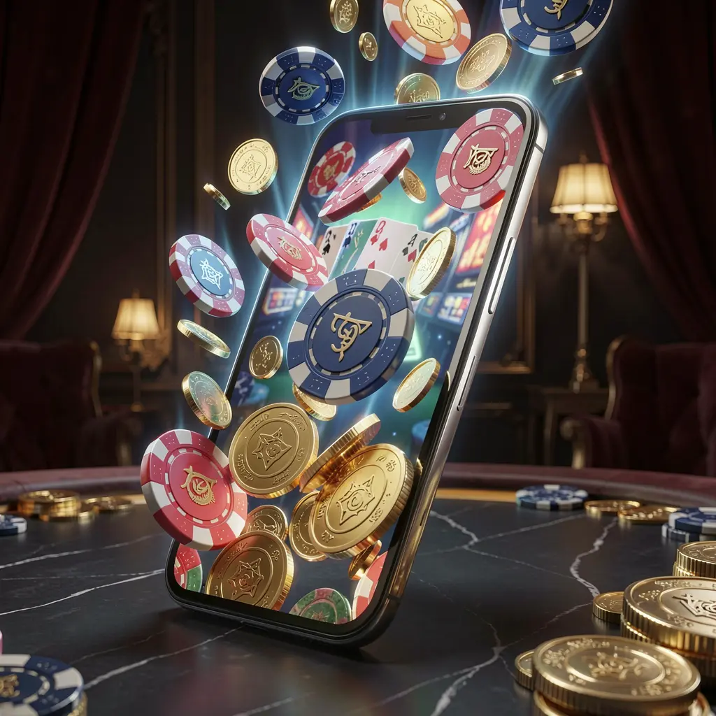 JYJILE online gaming app displayed on a smartphone screen with glowing casino chips and coins emerging, set against a luxury dark background with cinematic lighting in a high detail 3D render