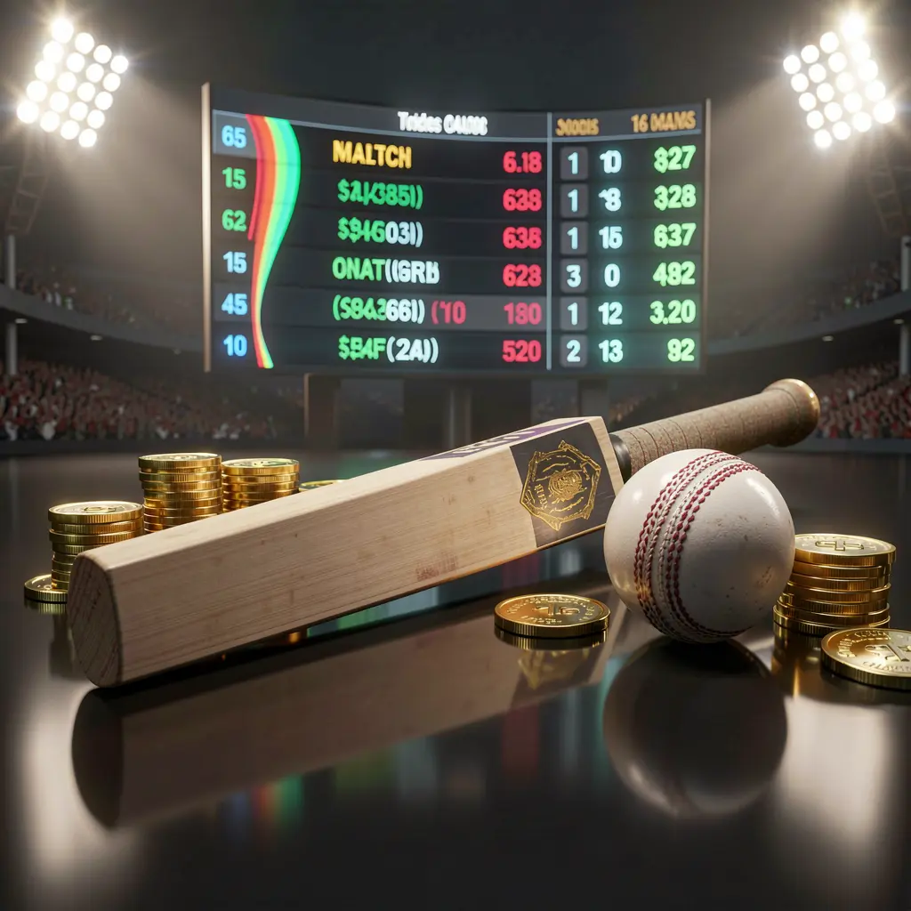 JYJILE premium sports betting image featuring a cricket bat and ball on a glossy dark surface with golden coins, glowing match statistics, and stadium lights in a realistic 3D render JYJILE premium sports betting image featuring a cricket bat and ball on a glossy dark surface with golden coins, glowing match statistics, and stadium lights in a realistic 3D render