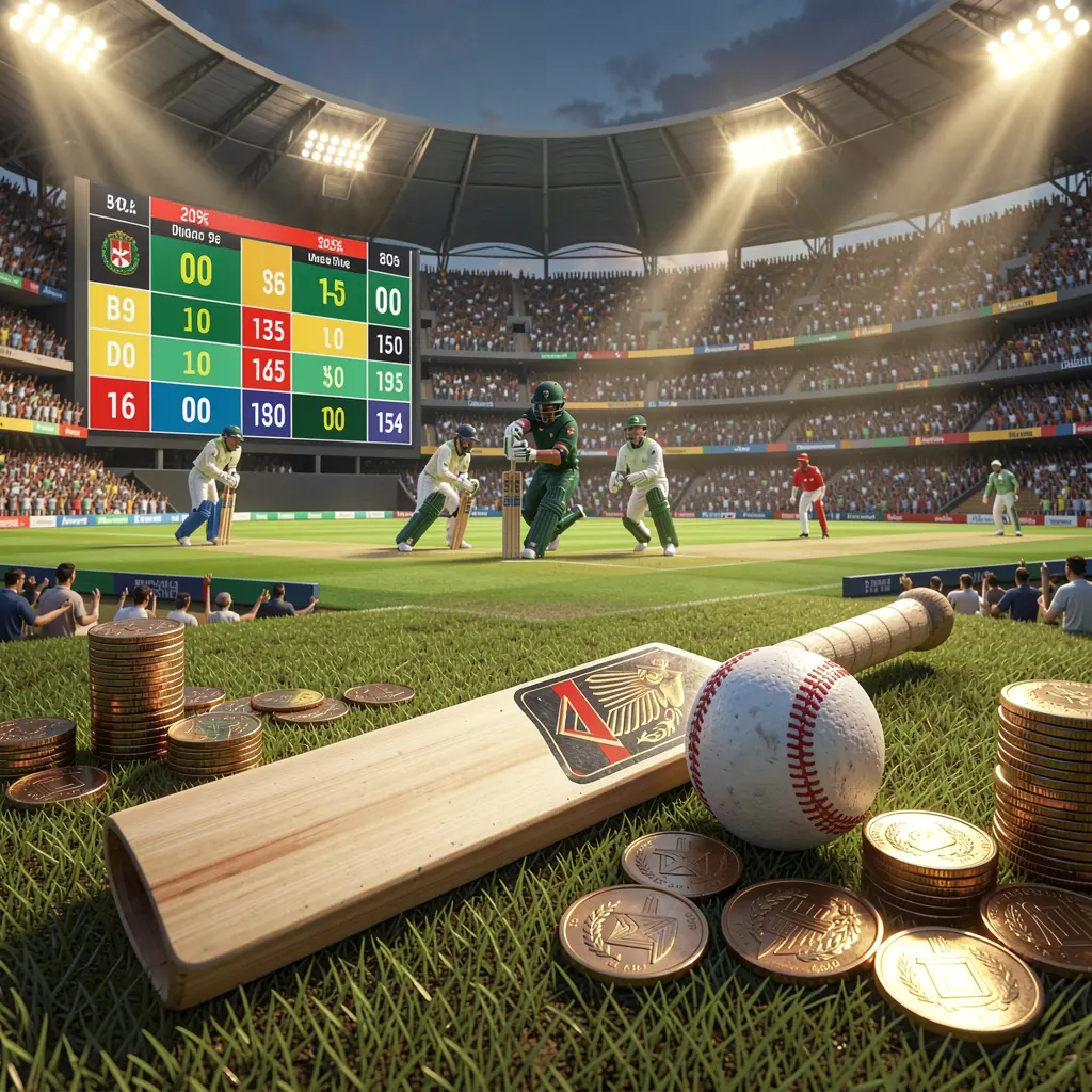 JYJILE premium cricket betting scene featuring a cricket stadium filled with a crowd, a bat and ball in the foreground, digital odds graphics, and coins under dramatic lighting in a high detail 3D render JYJILE premium cricket betting scene featuring a cricket stadium filled with a crowd, a bat and ball in the foreground, digital odds graphics, and coins under dramatic lighting in a high detail 3D render
