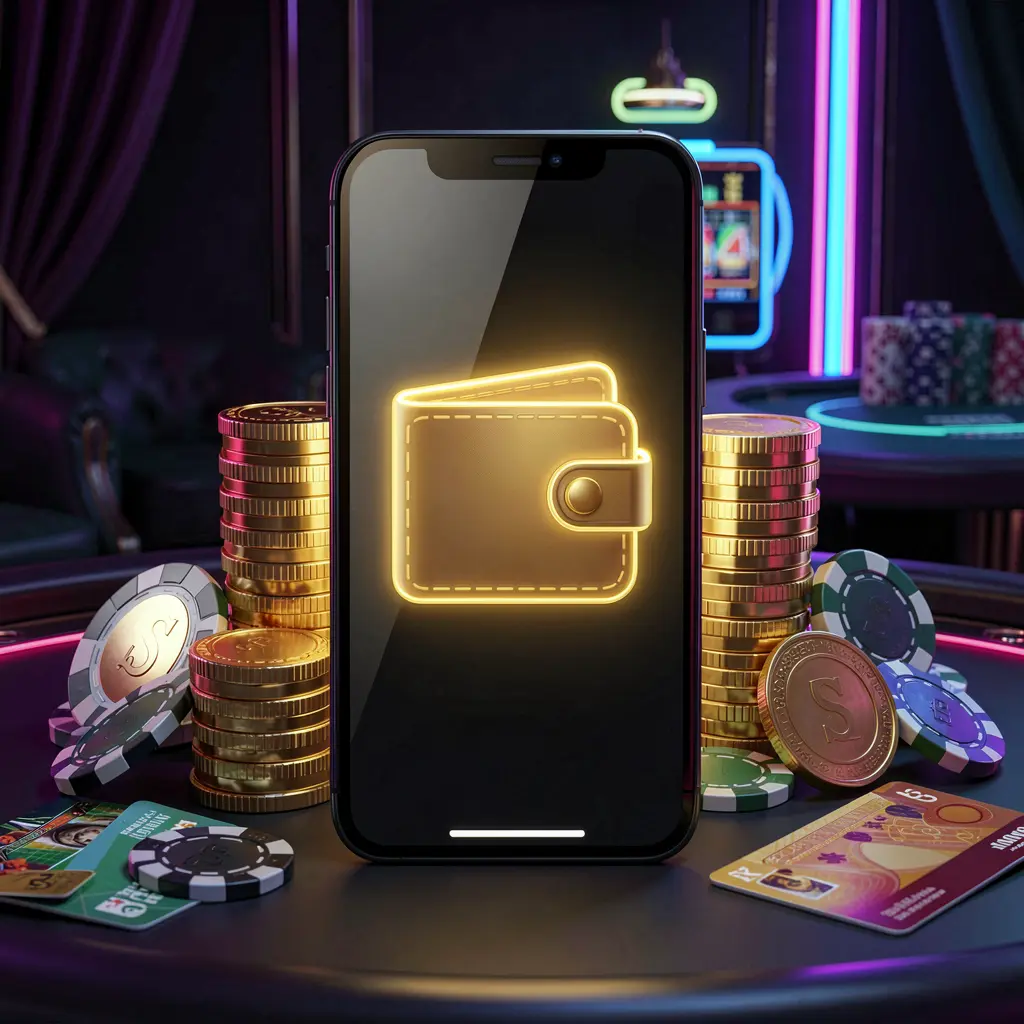 JYJILE online casino deposit bonus concept with a smartphone screen displaying a glowing wallet icon surrounded by stacks of golden coins, poker chips, and bank cards on a dark luxury background with neon highlights in a realistic 3D style