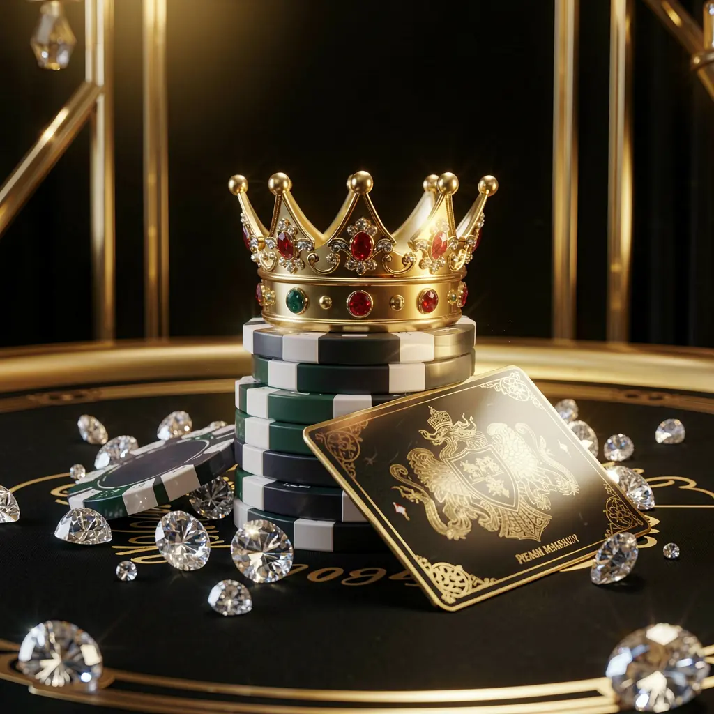 Elegant golden crown placed on top of poker chips with sparkling diamonds and a premium membership card against a luxury black and gold background, showcasing JYJILE VIP casino rewards in an exclusive high-end casino atmosphere