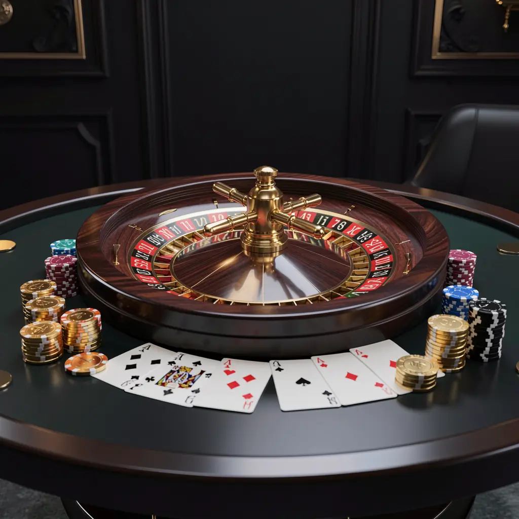 Realistic 3D illustration of a modern online casino scene featuring a roulette wheel, playing cards, poker chips, and golden coins on a glossy table with a dark luxury background, showcasing the JYJILE brand experience. Realistic 3D illustration of a modern online casino scene featuring a roulette wheel, playing cards, poker chips, and golden coins on a glossy table with a dark luxury background, showcasing the JYJILE brand experience.