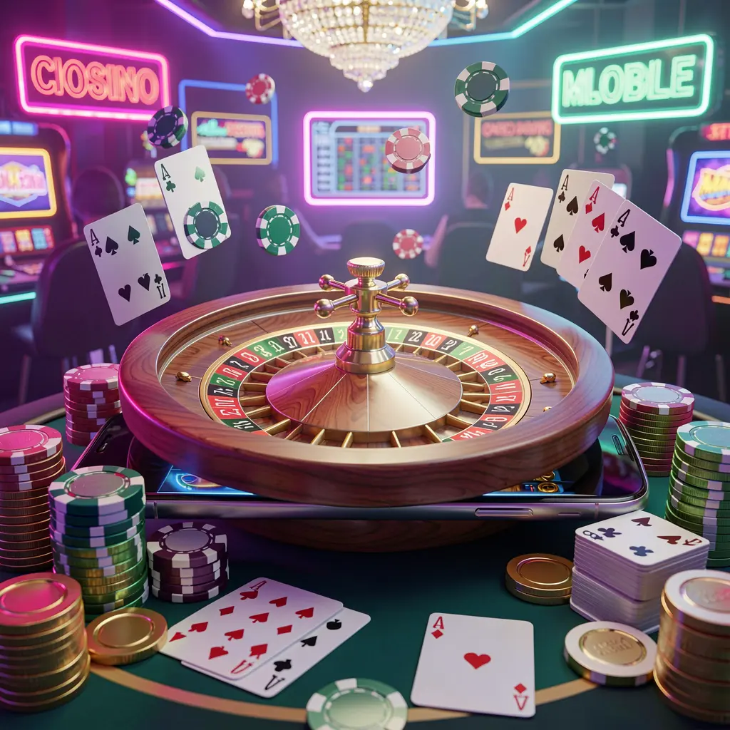 JYJILE mobile casino experience with a smartphone surrounded by a roulette wheel, chips, cards, and coins in a bright neon casino atmosphere JYJILE mobile casino experience with a smartphone surrounded by a roulette wheel, chips, cards, and coins in a bright neon casino atmosphere