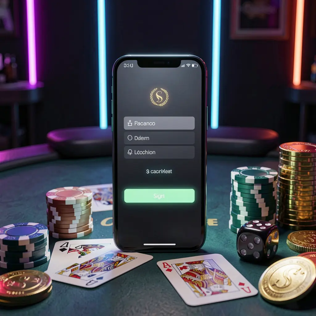 JYJILE casino account sign in scene with a glowing smartphone on a casino table surrounded by cards, chips, dice, and gold coins, set against an elegant dark background with neon highlights in a realistic 3D render