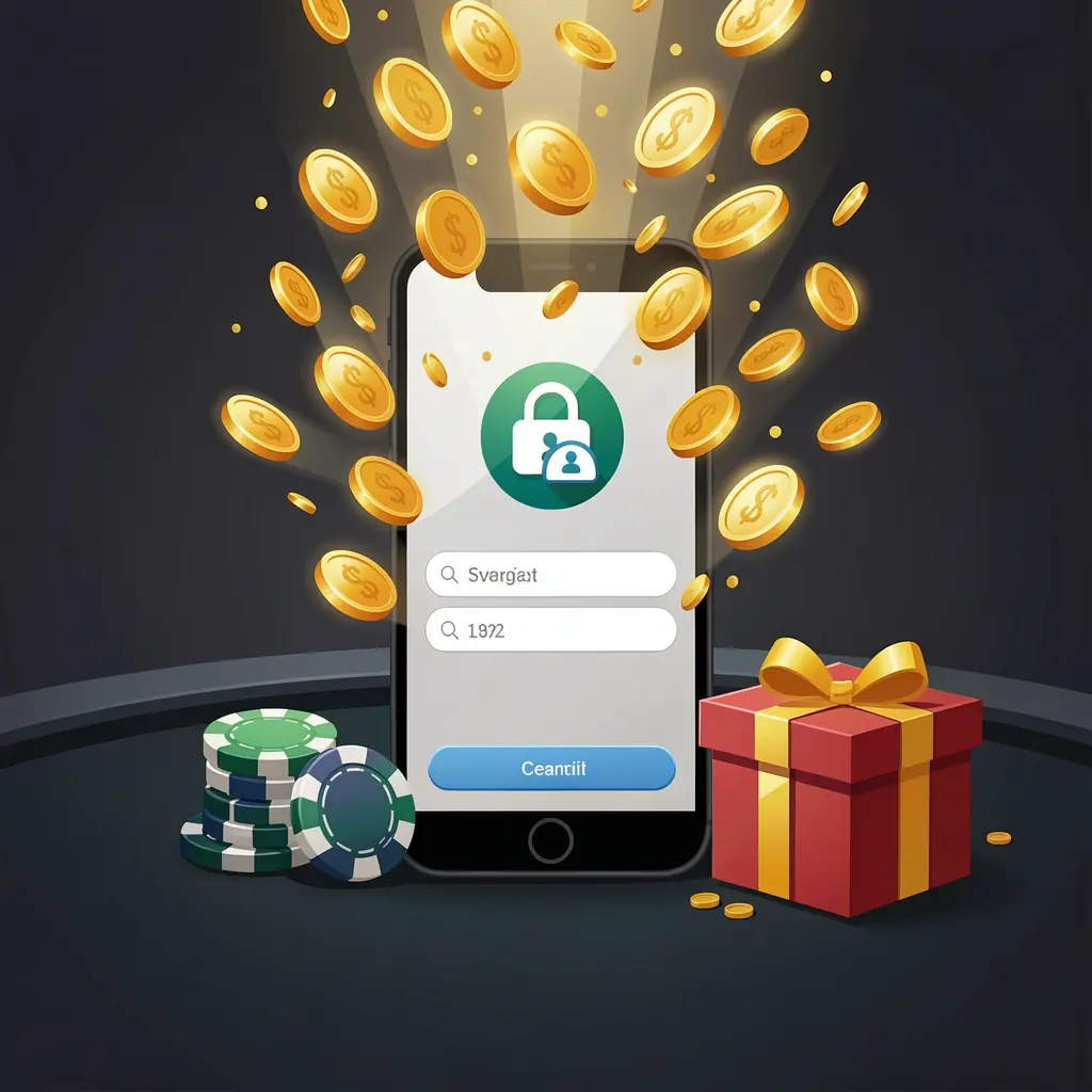 JYJILE casino user login illustration showing a phone with a secure access icon, golden coins bursting from the screen, poker chips and a gift box nearby against a dark premium background