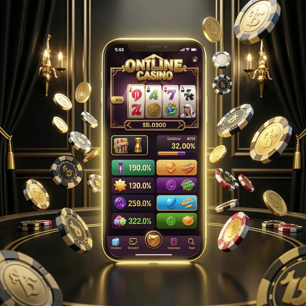 JYJILE modern online casino main page visual featuring a smartphone with a glowing gaming interface, surrounded by flying coins and chips in a black and gold luxury atmosphere