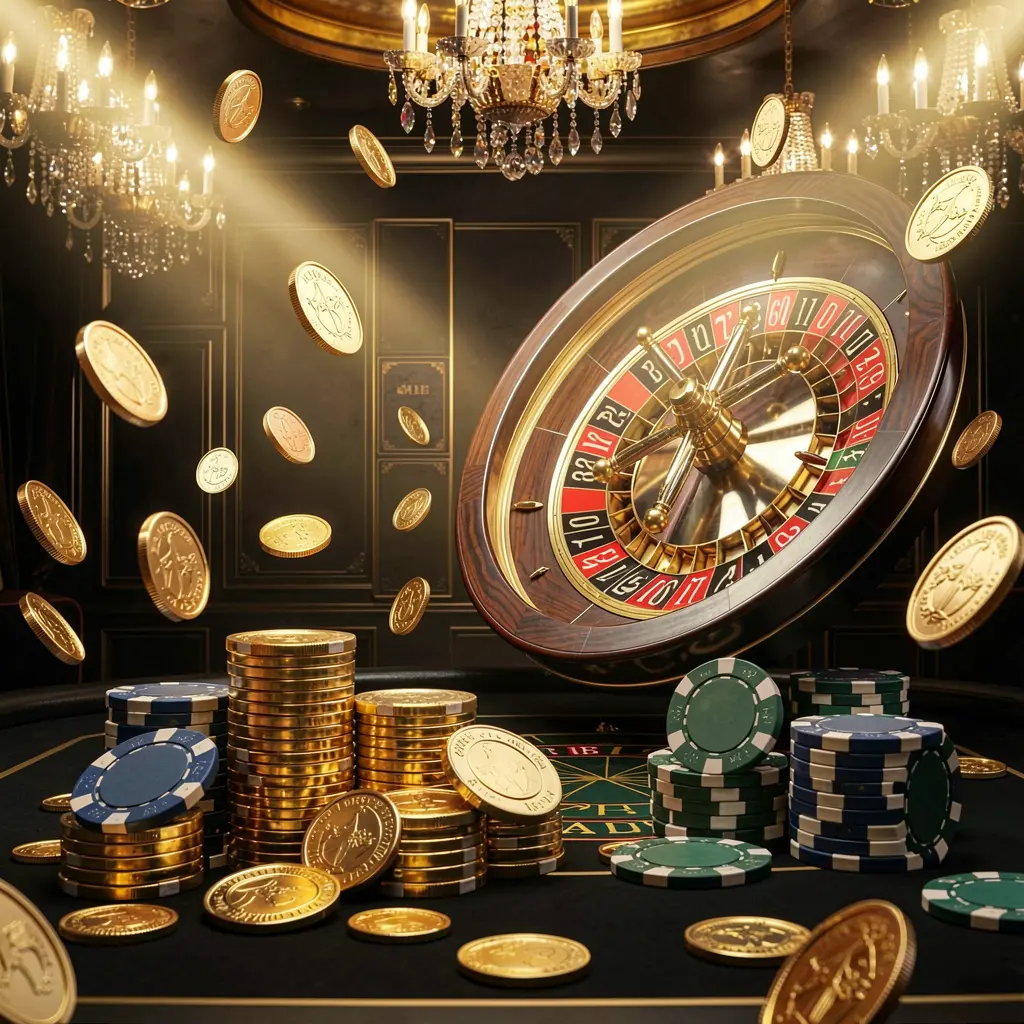 JYJILE online casino main page background featuring dramatic casino lights, golden coins flying, stacked poker chips in the foreground, and a roulette wheel behind in a luxury black and gold atmosphere